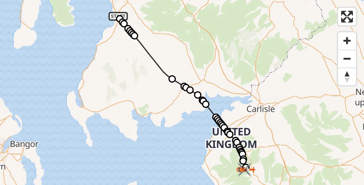 Flight path map showing Coastguard Helicopter route from Glasgow Prestwick Airport to Borrowdale