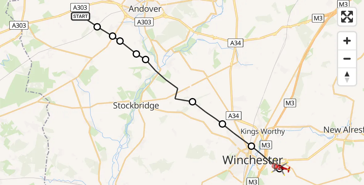 Flight path map showing Air Ambulance Helicopter route from Amport to Chilcomb