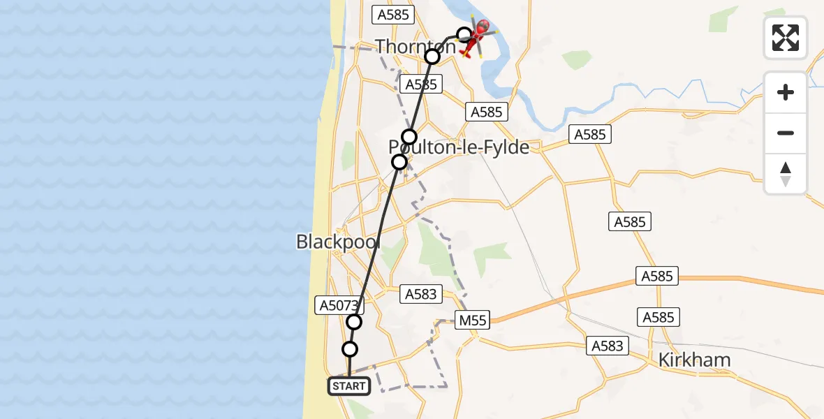 Flight path map showing Air Ambulance Helicopter route from Blackpool Airport to Little Thornton