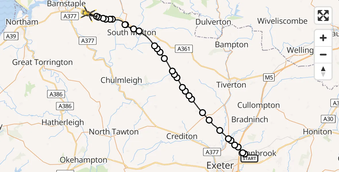 Flight path map showing Police Helicopter route from Exeter International Airport to Swimbridge