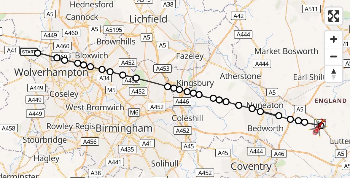 Flight path map showing Air Ambulance Helicopter route from Codsall to Wibtoft CP