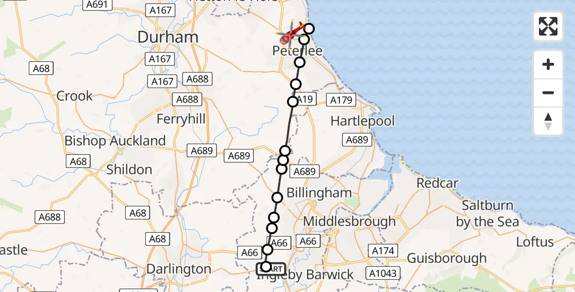 Flight path map showing Air Ambulance Helicopter route from Egglescliffe to Little Thorpe