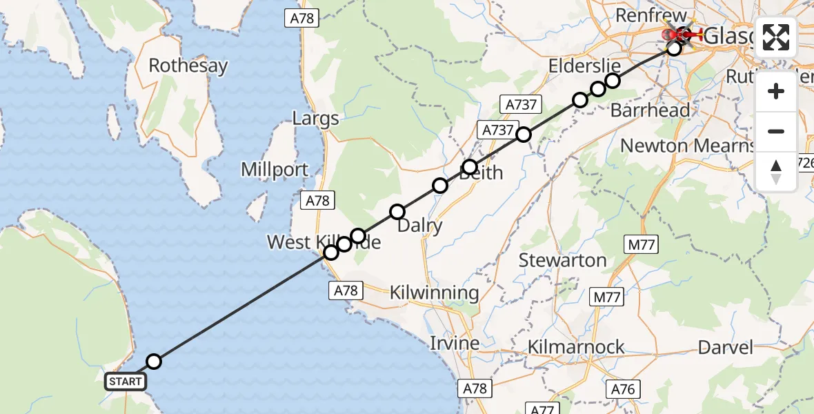 Flight path map showing Air Ambulance Helicopter route from Brodick to Queen Elizabeth Hospital