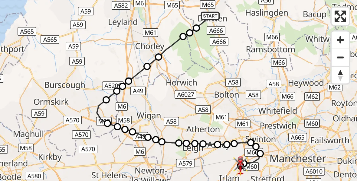 Routekaart van de vlucht: Air Ambulance Helicopter to Irlam, Manchester Barton Aerodrome
