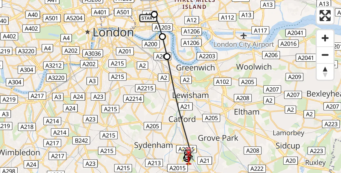 Flight path map showing Air Ambulance Helicopter route from Royal London Hospital to London Borough of Lewisham