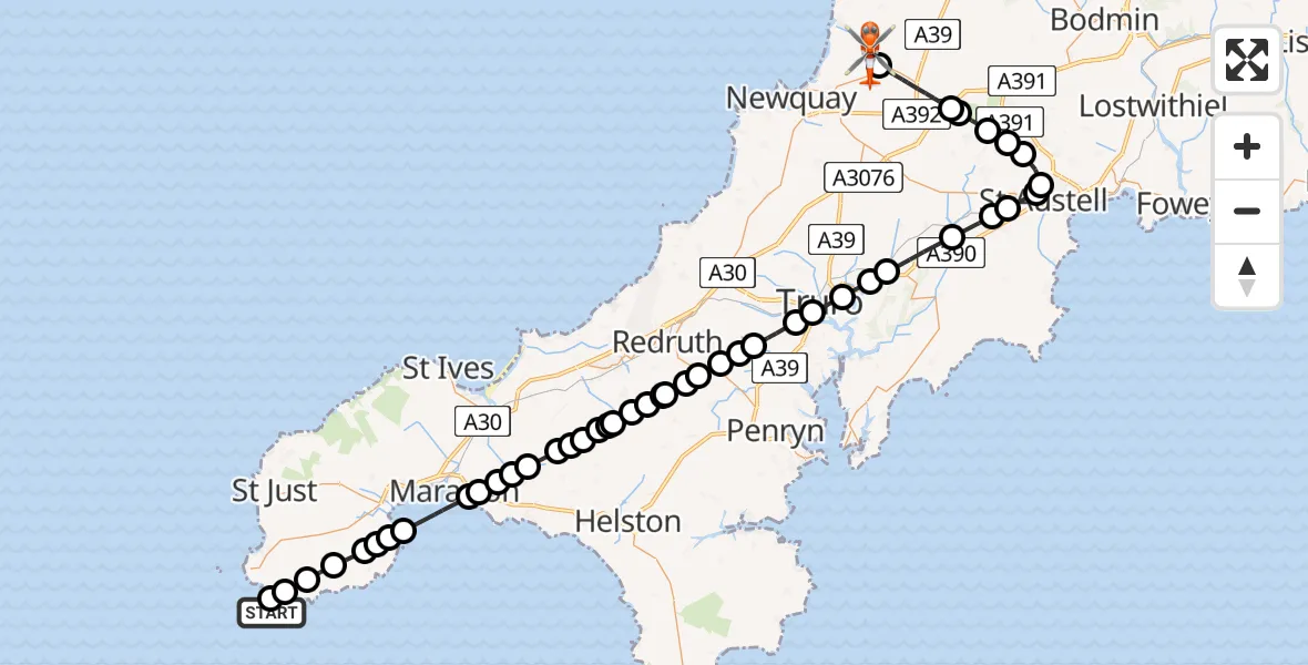 Flight path map showing Coastguard Helicopter route from Porthcurno to Cornwall Airport Newquay