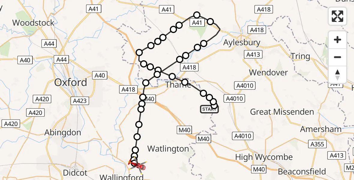 Flight path map showing Air Ambulance Helicopter route from Chinnor to RAF Benson