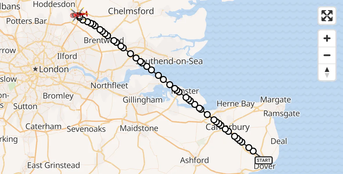 Flight path map showing Air Ambulance Helicopter route from Whitfield to North Weald Airfield