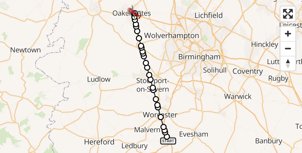 Flight path map showing Air Ambulance Helicopter route from Hill Croome to Priorslee Village