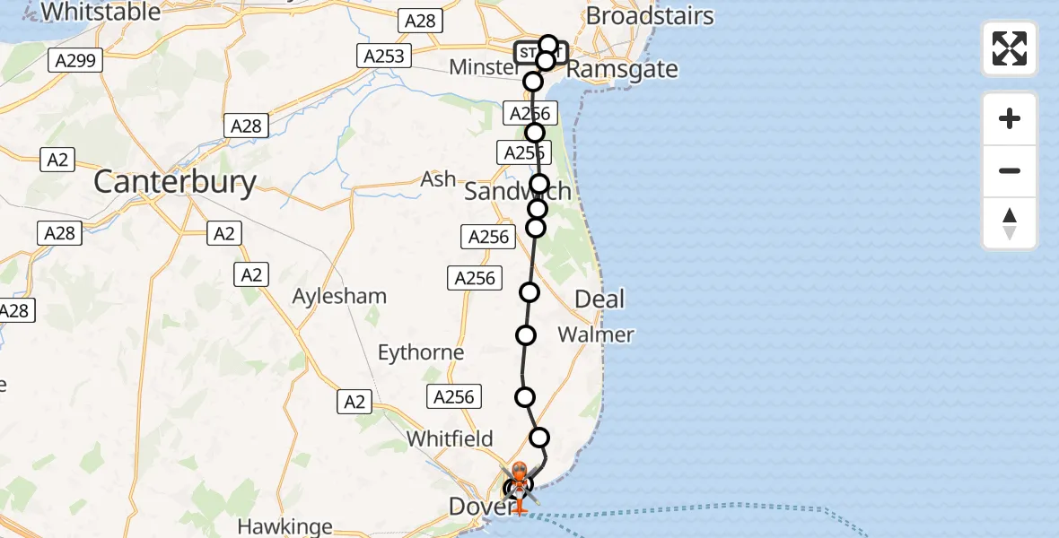 Flight path map showing Coastguard Helicopter route from Manston Airport to Langdon Battery Heliport