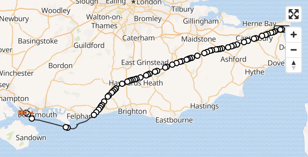 Flight path map showing Coastguard Helicopter route from Manston Airport to Solent Airport