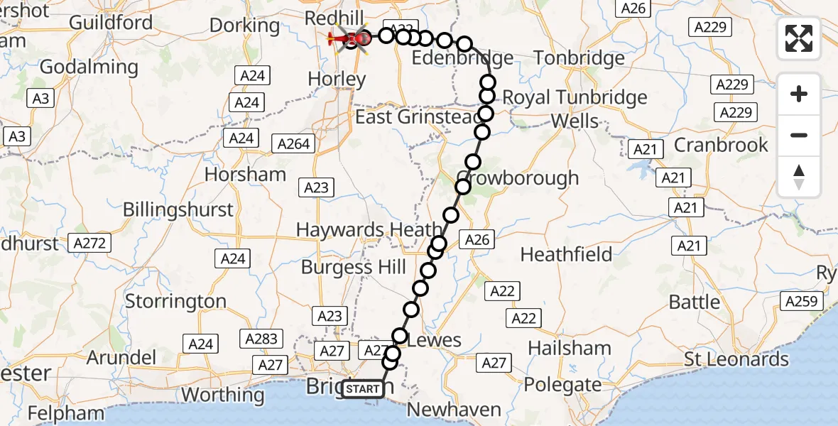 Flight path map showing Air Ambulance Helicopter route from Brighton to Redhill Aerodrome