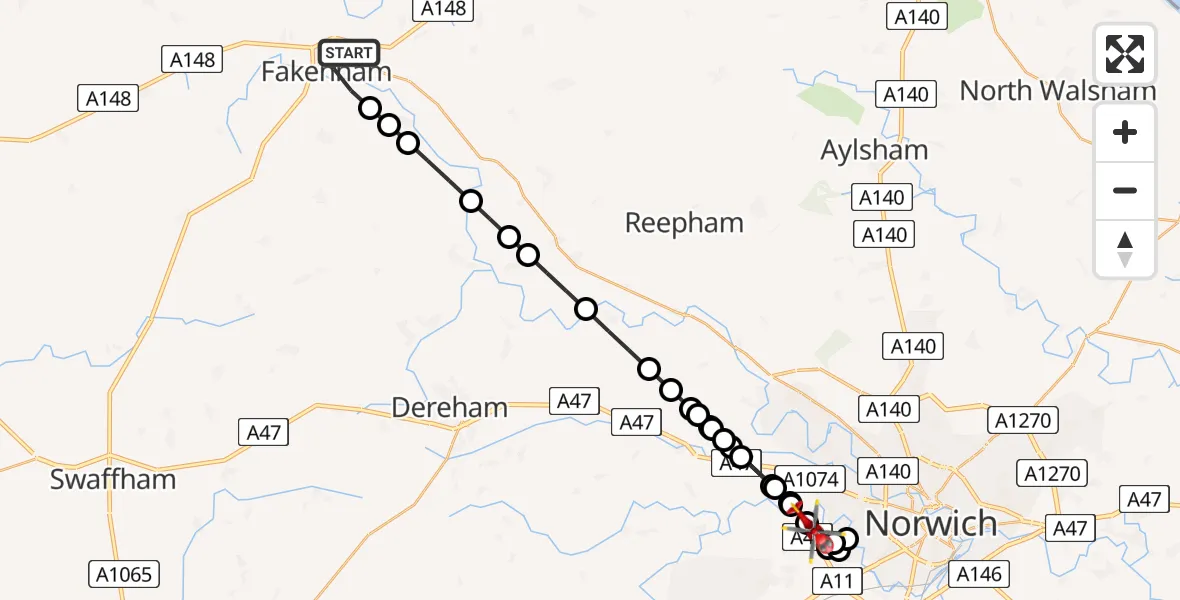 Flight path map showing Air Ambulance Helicopter route from Fakenham to Colney