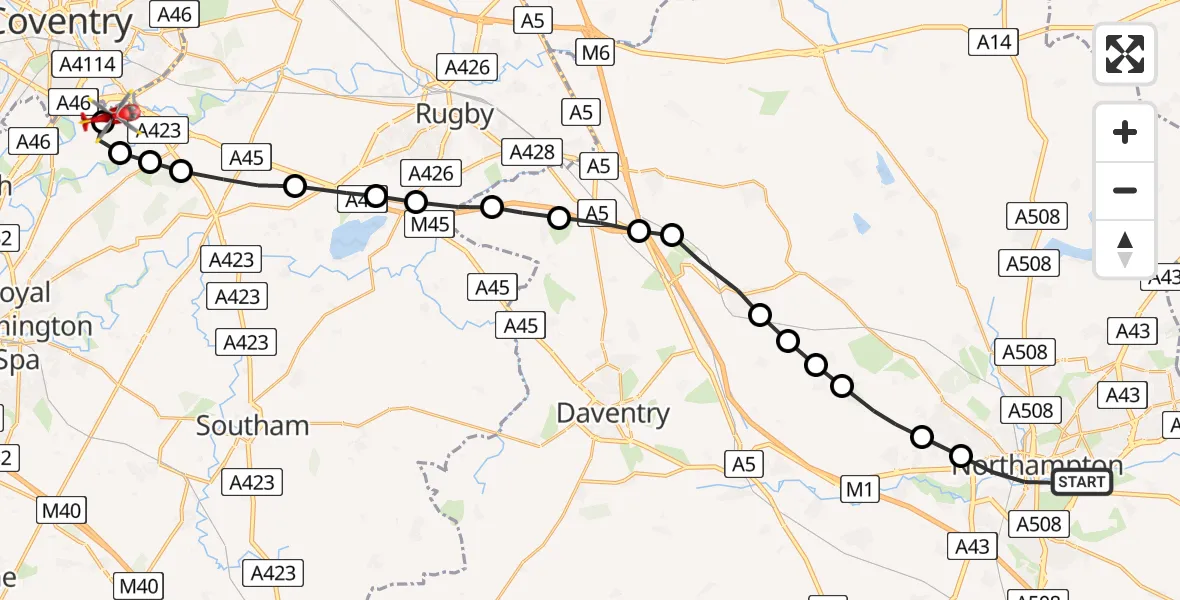 Flight path map showing Air Ambulance Helicopter route from Northampton to Coventry Airport