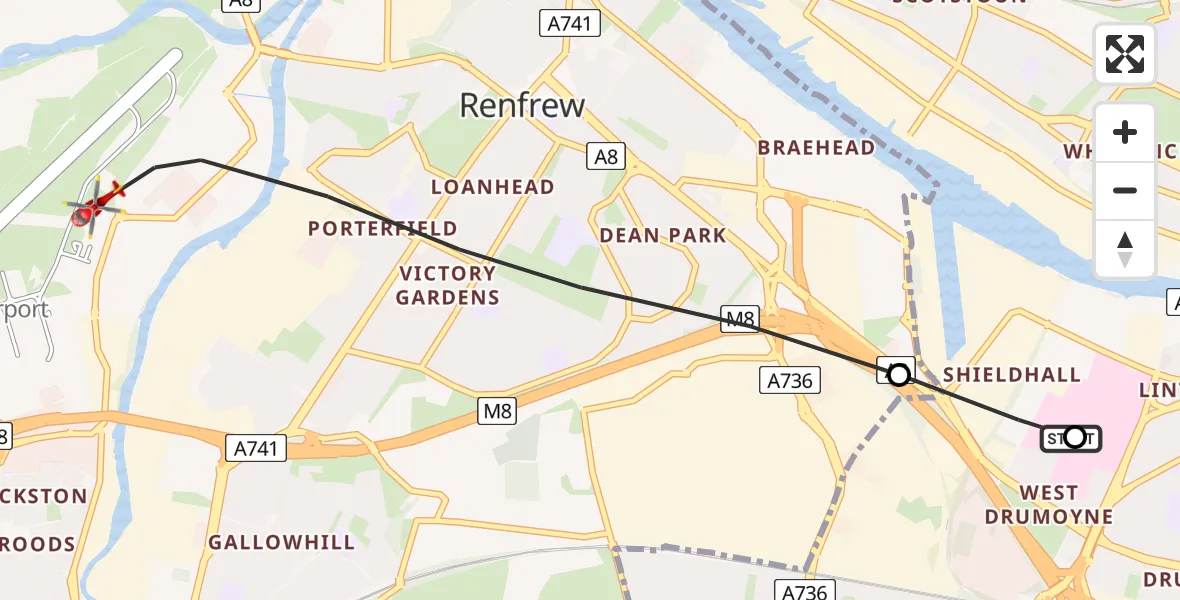Flight path map showing Air Ambulance Helicopter route from Queen Elizabeth Hospital to Glasgow Airport