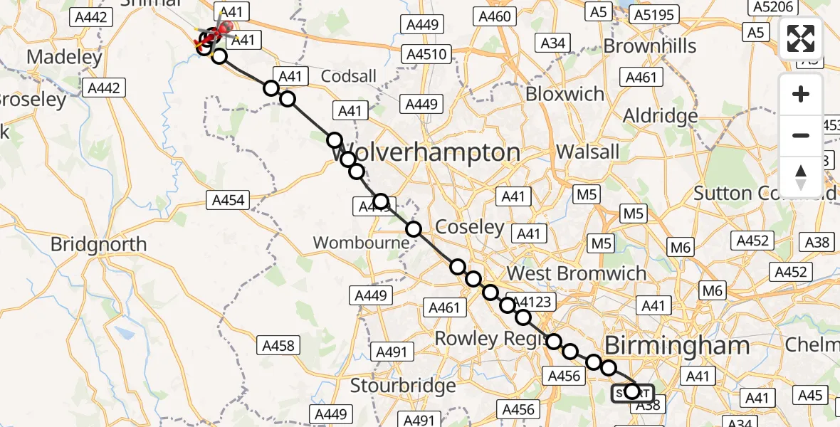 Flight path map showing Air Ambulance Helicopter route from Queen Elizabeth Hospital Helipad to Cosford