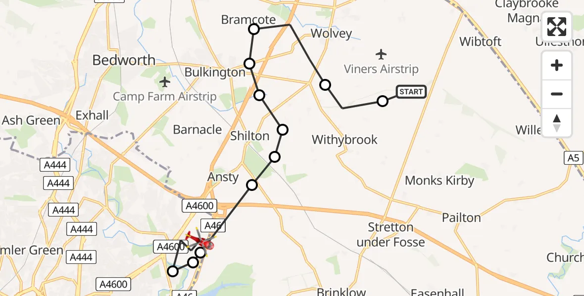 Flight path map showing Air Ambulance Helicopter route from Monks Kirby CP to Coventry