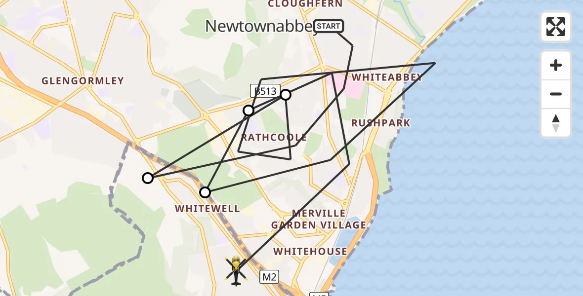 Flight path map showing Police Helicopter route from Newtownabbey to Belfast