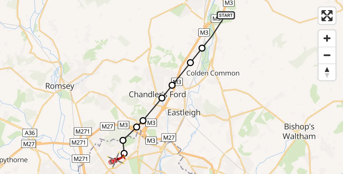 Flight path map showing Air Ambulance Helicopter route from Twyford to University Hospital Southampton