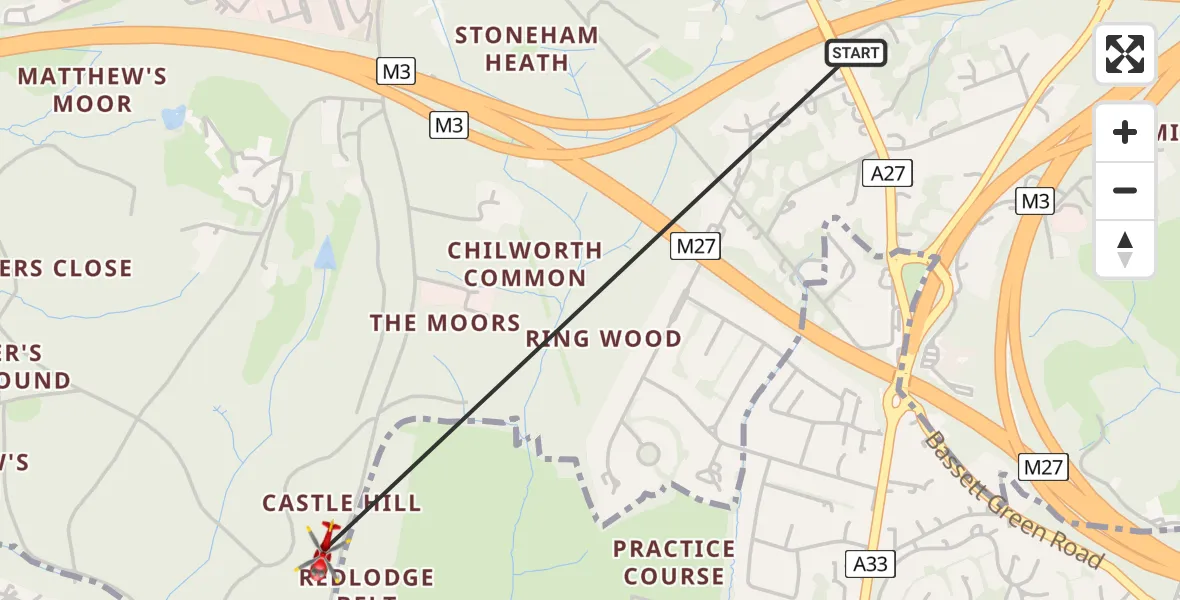 Flight path map showing Air Ambulance Helicopter route from Chilworth to Chilworth