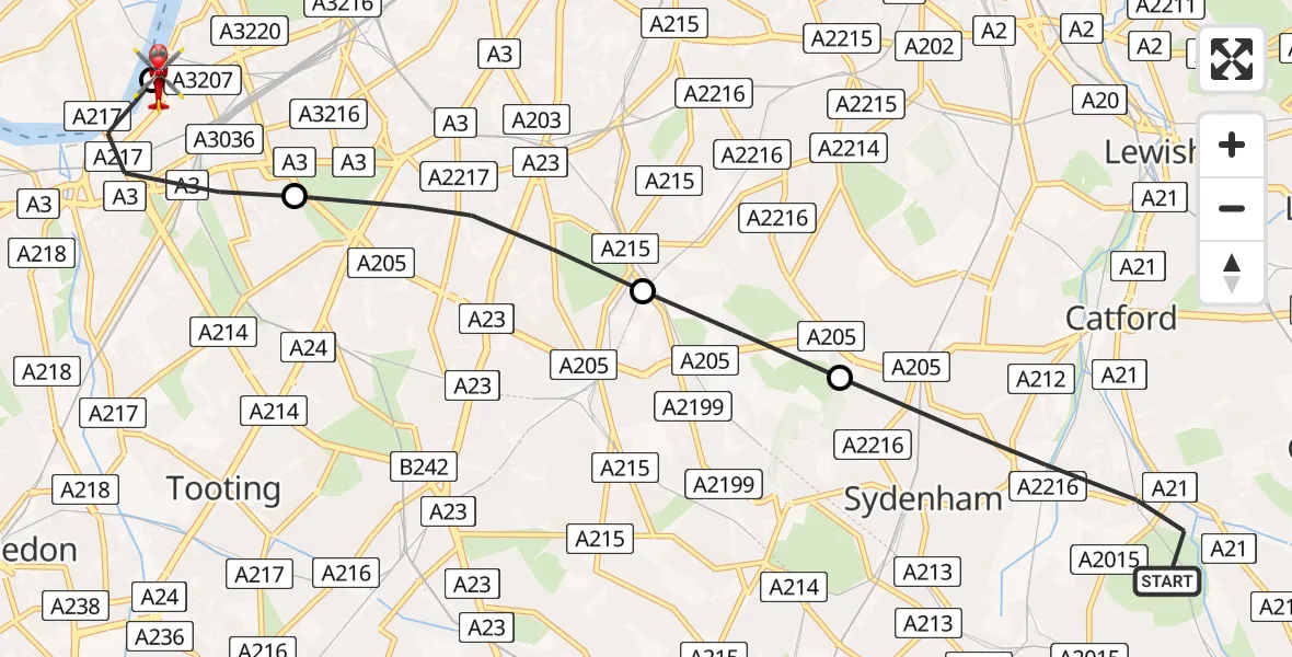 Flight path map showing Air Ambulance Helicopter route from London Borough of Lewisham to London Heliport