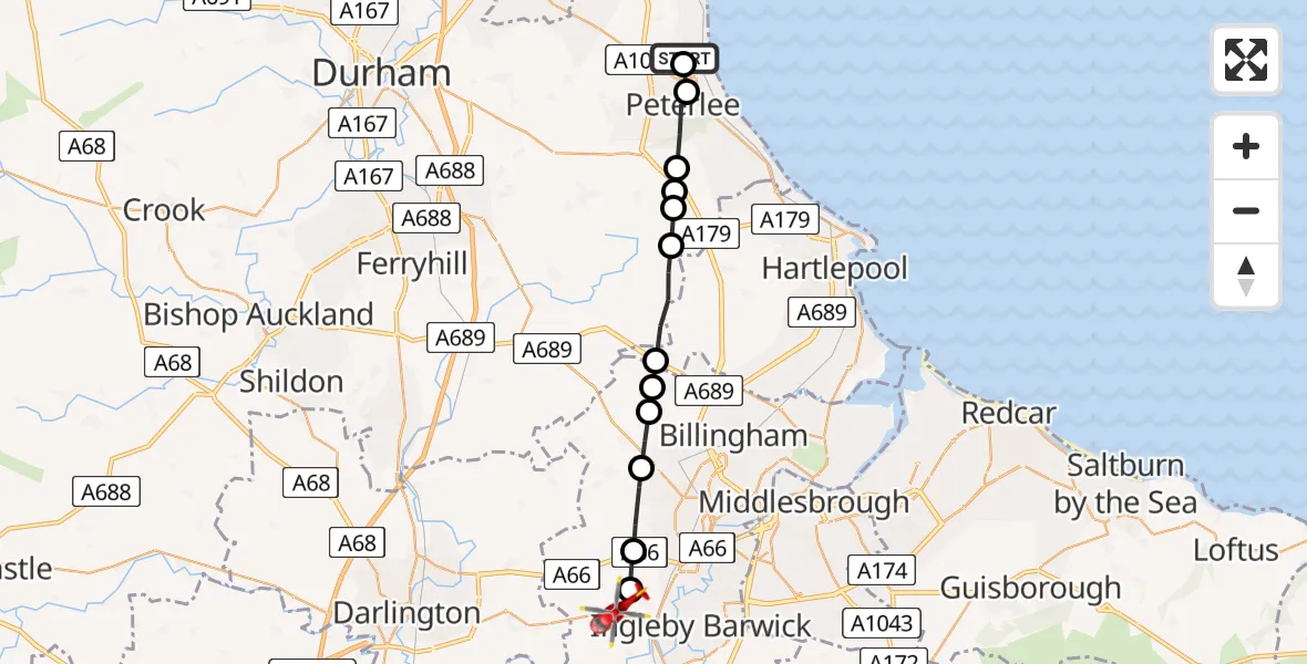 Routekaart van de vlucht: Air Ambulance Helicopter to Egglescliffe, Longnewton Lane