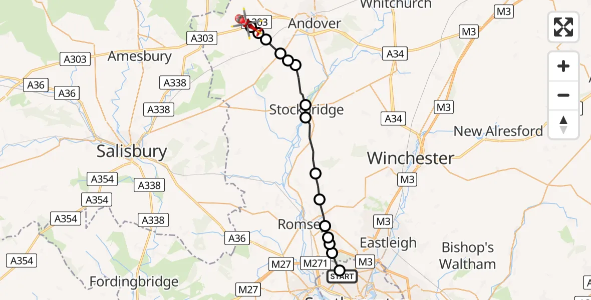 Flight path map showing Air Ambulance Helicopter route from University Hospital Southampton to Thruxton
