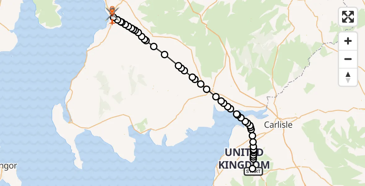 Flight path map showing Coastguard Helicopter route from Underskiddaw to Glasgow Prestwick Airport
