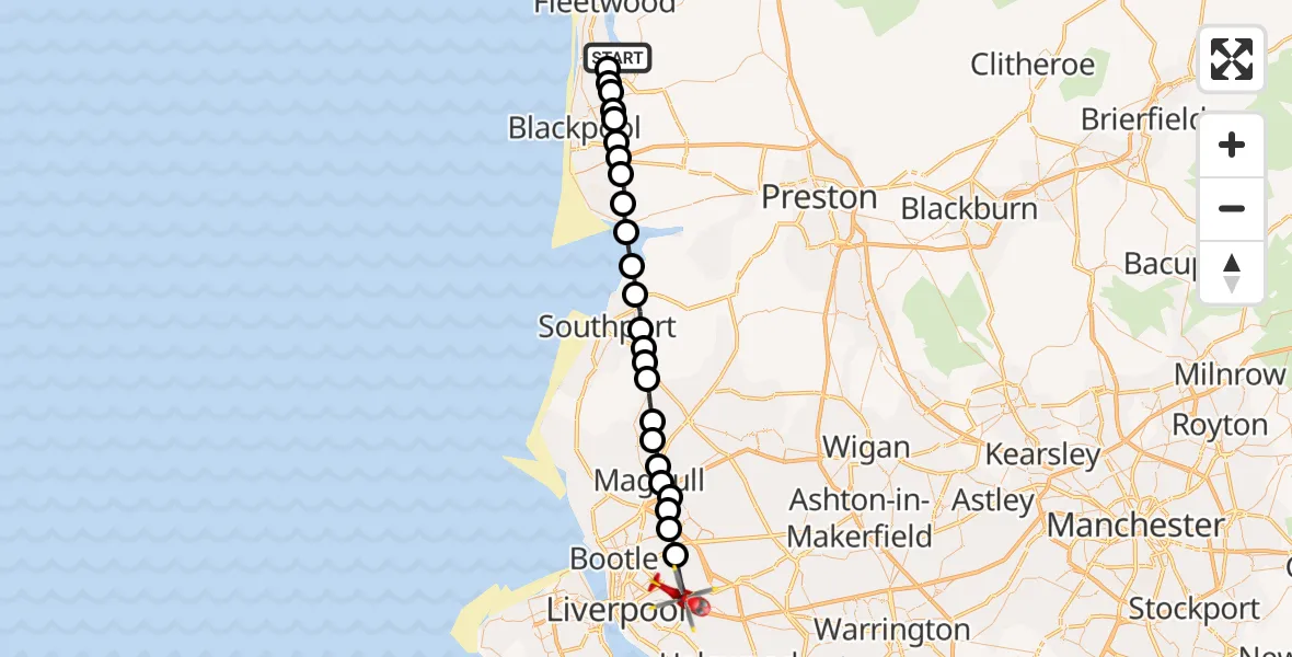 Flight path map showing Air Ambulance Helicopter route from Little Thornton to Liverpool