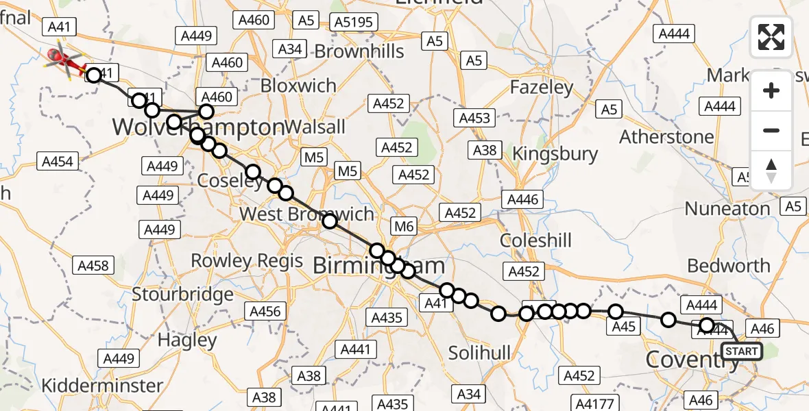 Flight path map showing Air Ambulance Helicopter route from Coventry to Albrighton