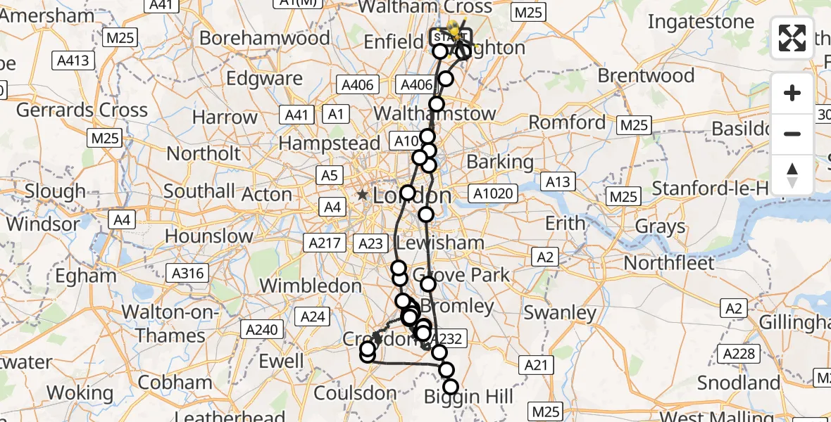 Flight path map showing Police Helicopter route from Sewardstonebury to Metropolitan Police Air Support Unit Lippitts Hill