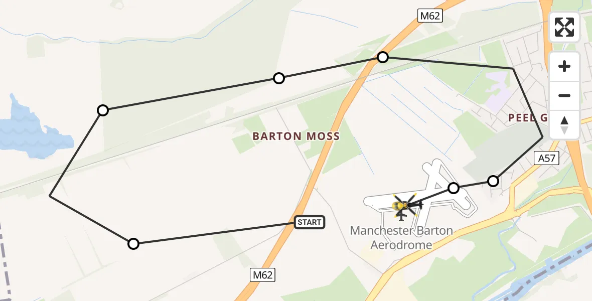 Flight path map showing Police Helicopter route from Manchester Barton Aerodrome to Manchester Barton Aerodrome