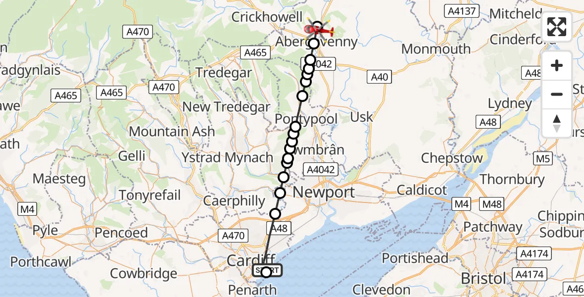 Flight path map showing Air Ambulance Helicopter route from Cardiff Heliport to Mardy