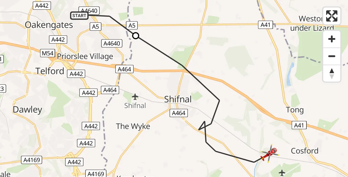 Flight path map showing Air Ambulance Helicopter route from Telford to Cosford