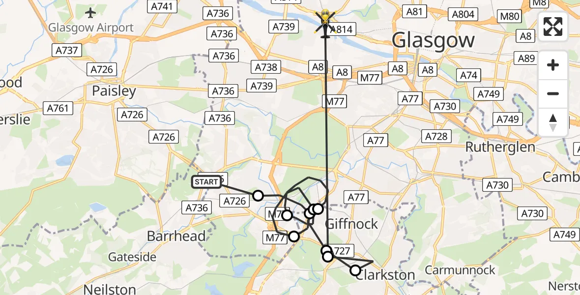 Flight path map showing Police Helicopter route from Barrhead to Glasgow