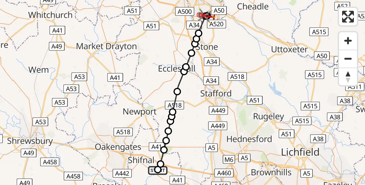 Flight path map showing Air Ambulance Helicopter route from RAF Cosford to Longton