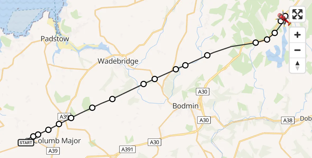 Flight path map showing Air Ambulance Helicopter route from Cornwall Airport Newquay to St. Neot