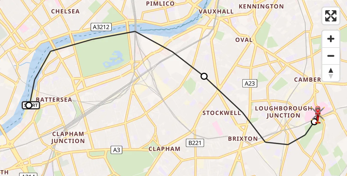 Flight path map showing Air Ambulance Helicopter route from London Heliport to Kings College London Hospital