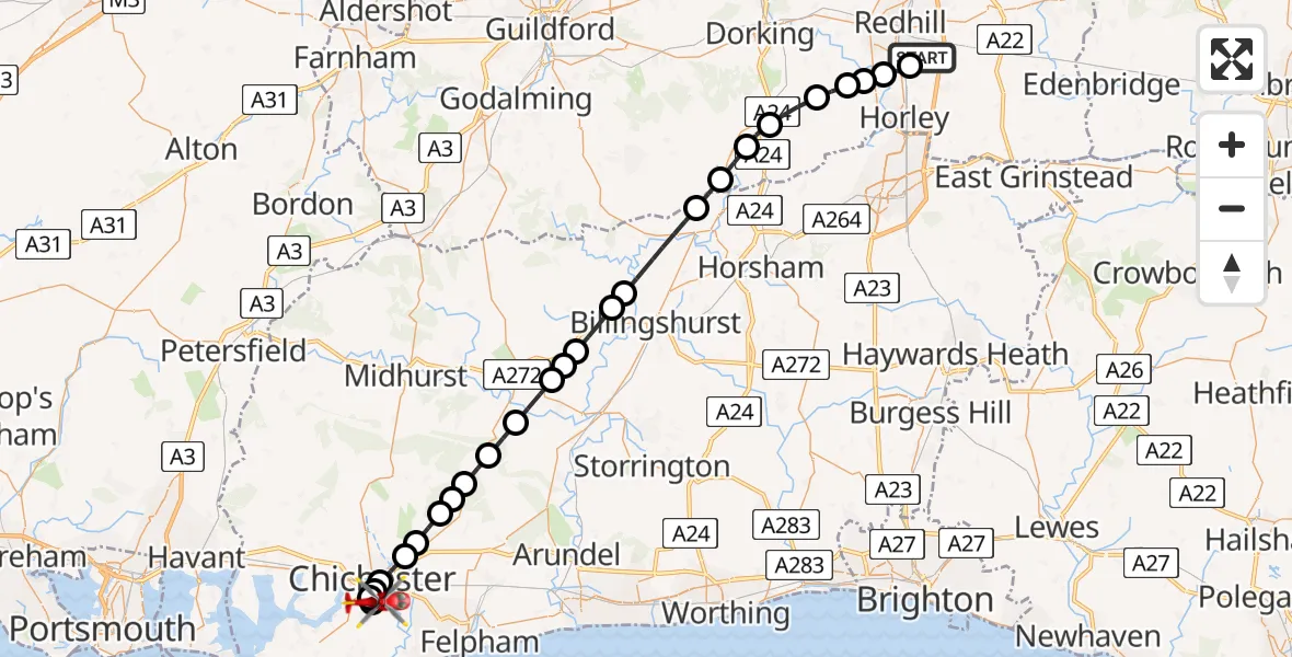 Flight path map showing Air Ambulance Helicopter route from Redhill Aerodrome to Hunston