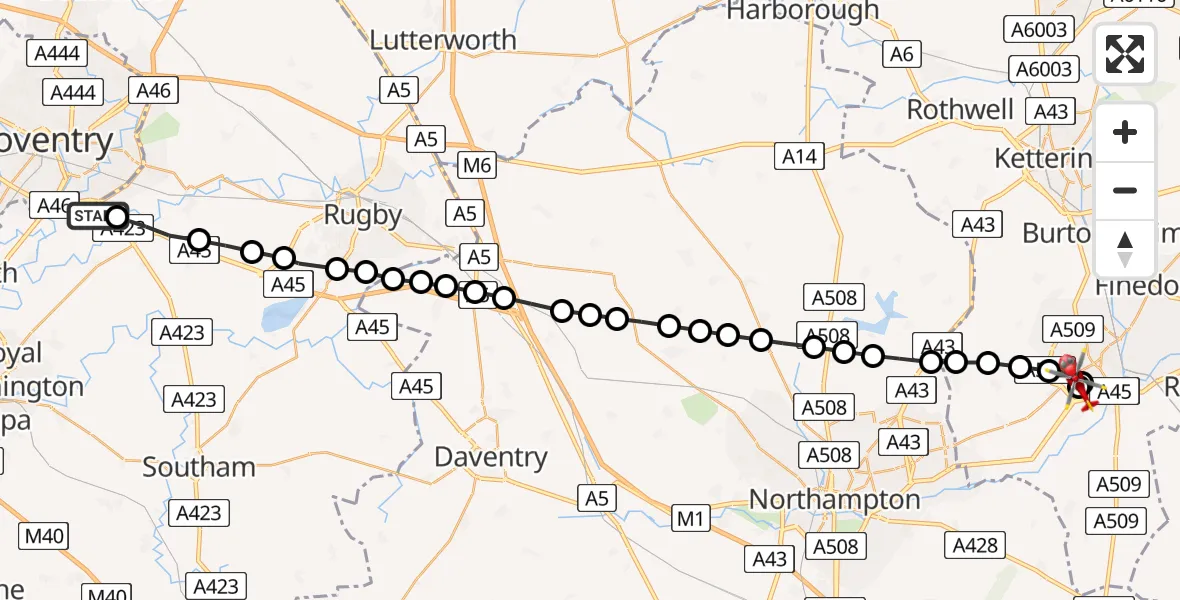 Flight path map showing Air Ambulance Helicopter route from Coventry Airport to Little Irchester