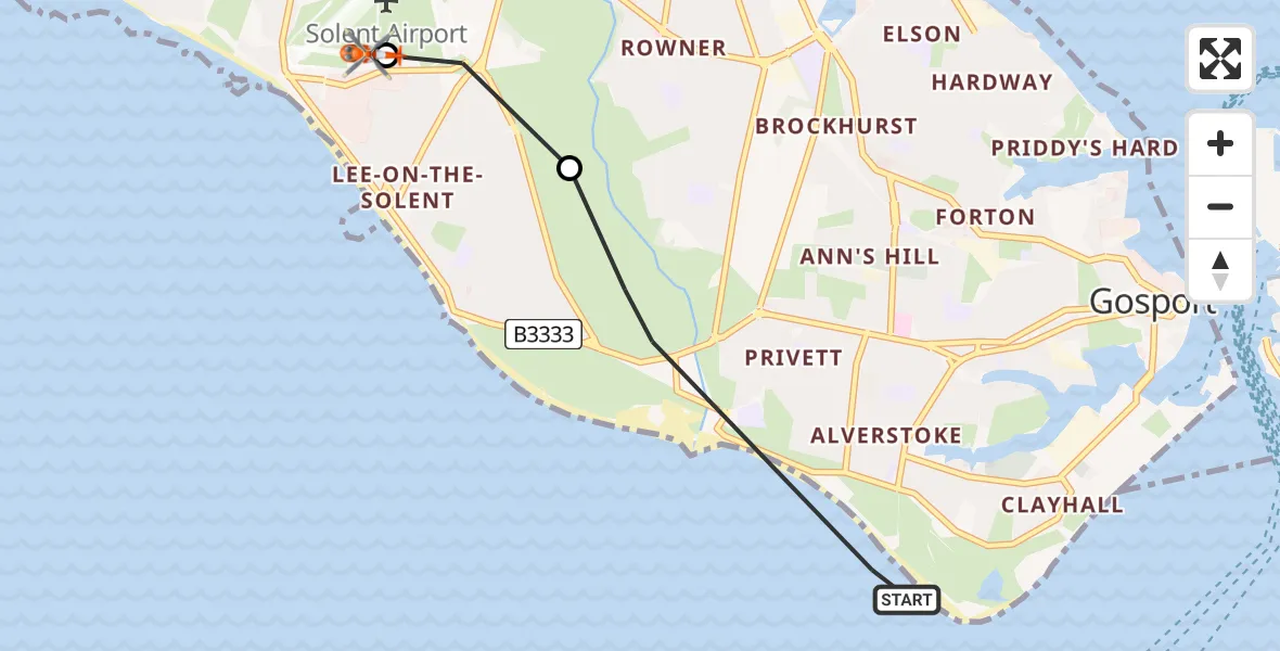 Flight path map showing Coastguard Helicopter route from Gosport to Solent Airport