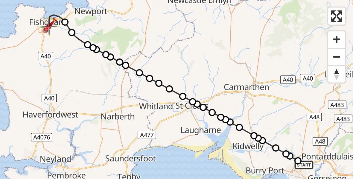 Flight path map showing Air Ambulance Helicopter route from Dafen to Fishguard