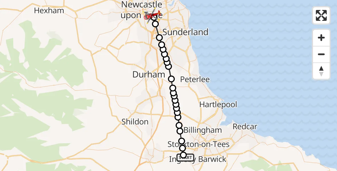 Flight path map showing Air Ambulance Helicopter route from Egglescliffe to Pelaw