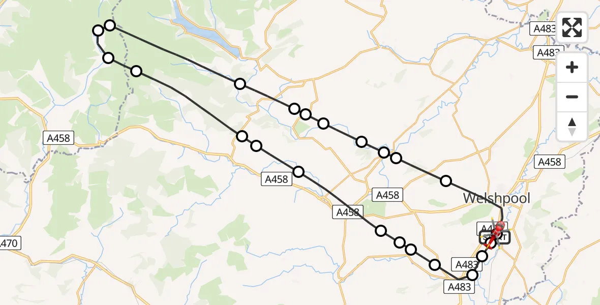 Flight path map showing Air Ambulance Helicopter route from Welshpool Airport to Welshpool Airport