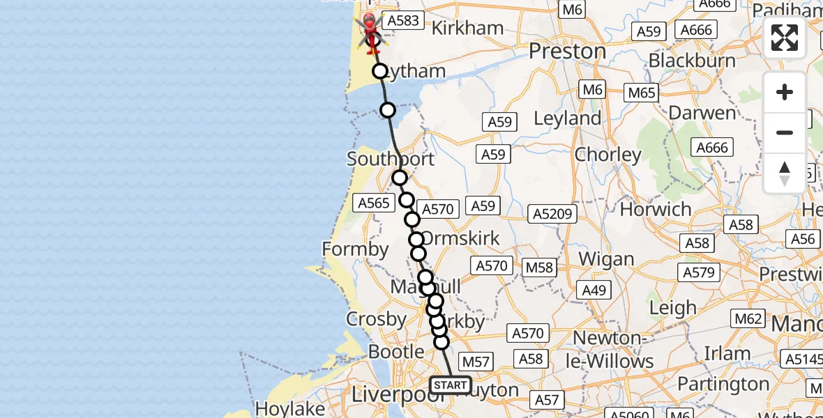 Routekaart van de vlucht: Air Ambulance Helicopter to Blackpool Airport