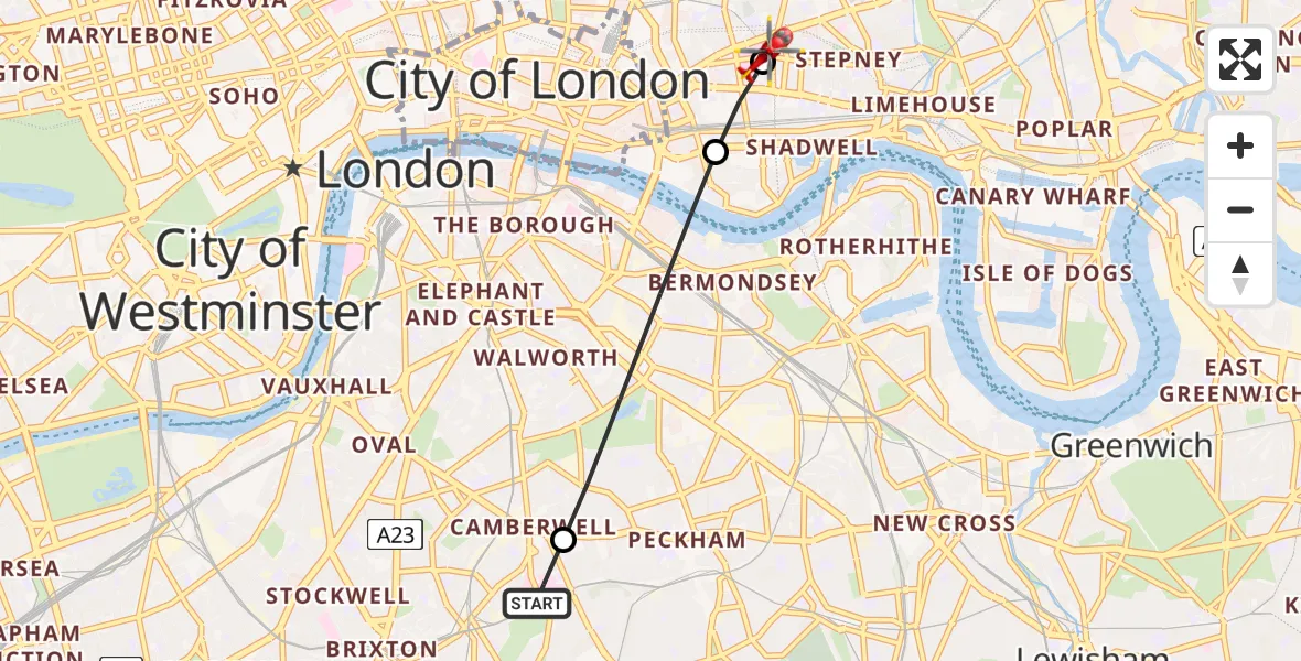 Flight path map showing Air Ambulance Helicopter route from Kings College London Hospital to Royal London Hospital