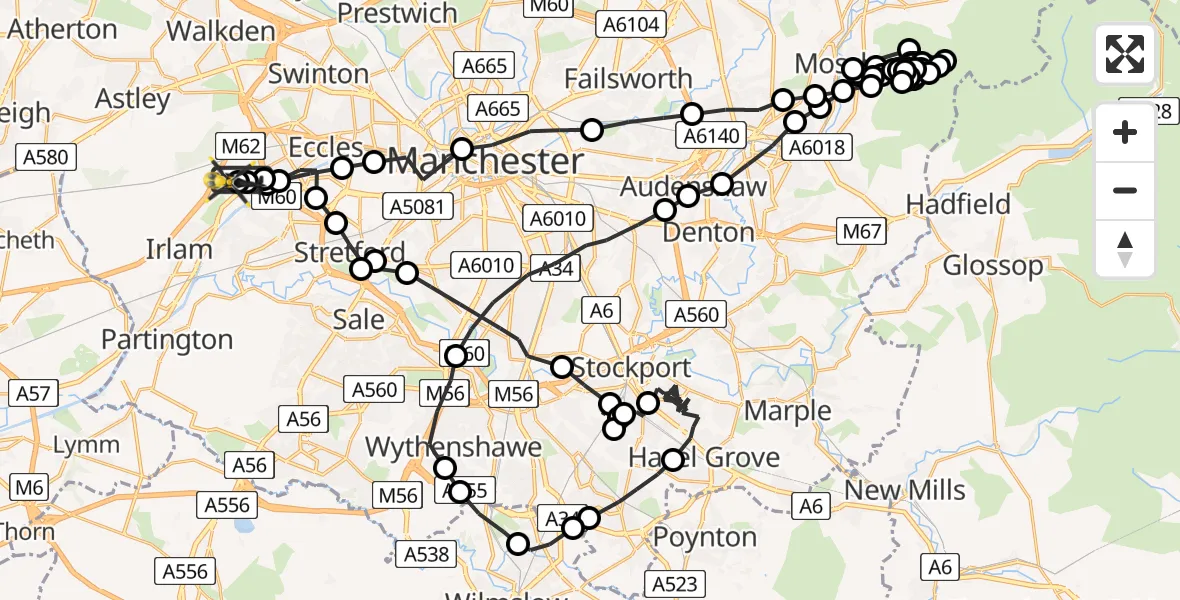 Flight path map showing Police Helicopter route from Manchester Barton Aerodrome to Manchester Barton Aerodrome