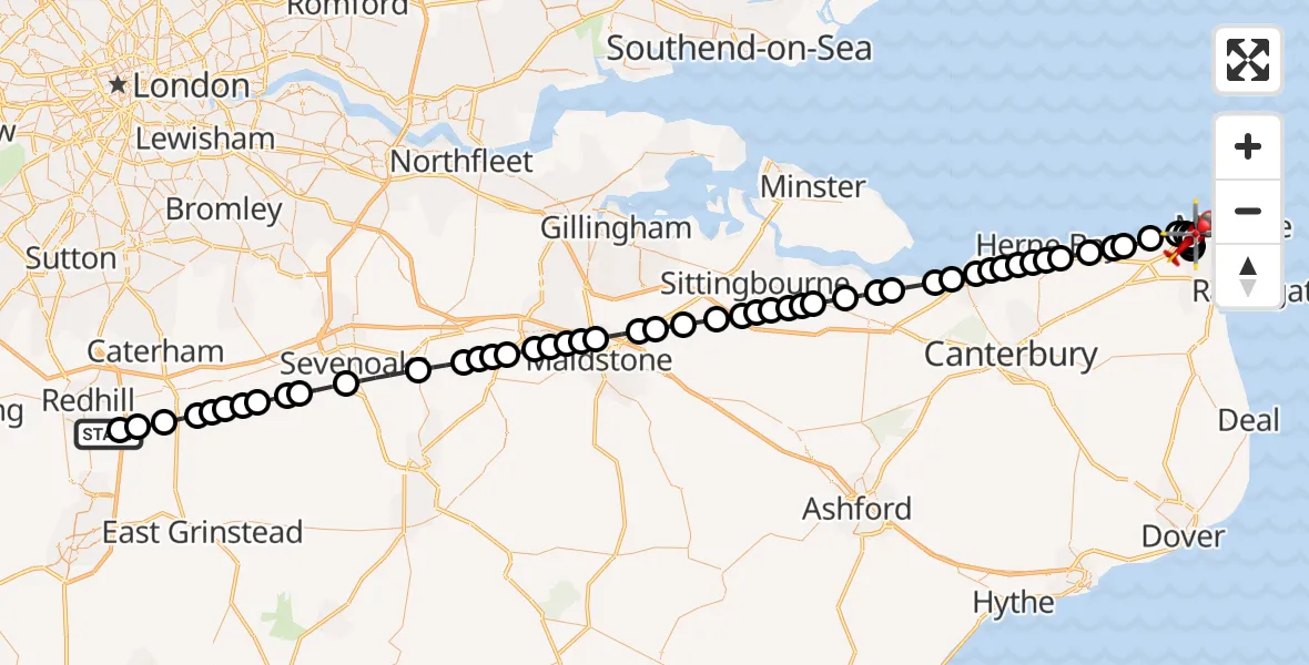 Flight path map showing Air Ambulance Helicopter route from Redhill Aerodrome to Westgate-on-Sea