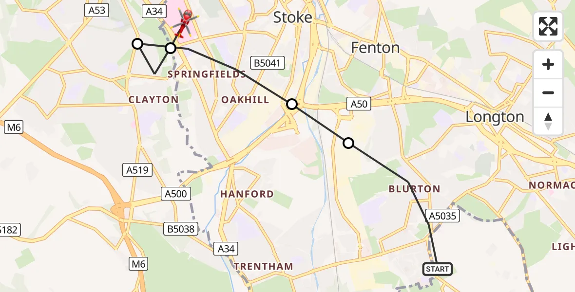 Flight path map showing Air Ambulance Helicopter route from Longton to University Hospital North Staffs