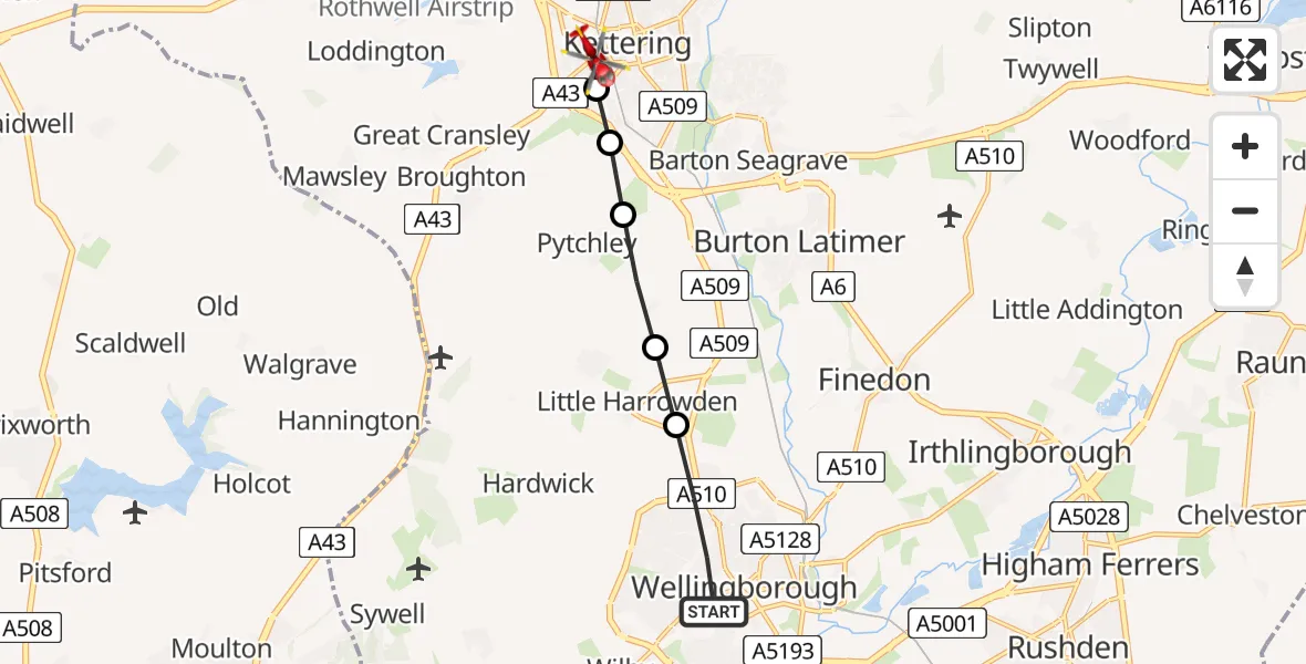 Flight path map showing Air Ambulance Helicopter route from Wellingborough to Kettering